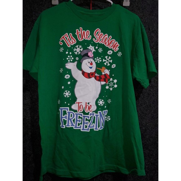 Tis The Season To Be Freezin Frosty The Snowman Green T Shirt Size Large - Picture 1 of 2
